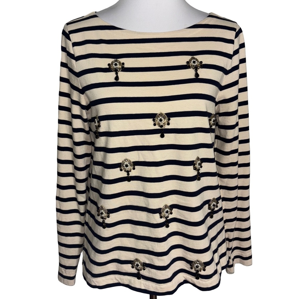 J. Crew Black and Cream Striped Blouse with Embellishments